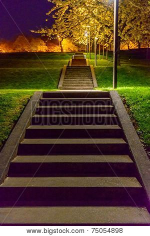 A Night in the Park. Late Spring Night in the Park. Stone Stairs and Park Alley. Horizontal Photography. Central Europe. France. Paris. Amiens.