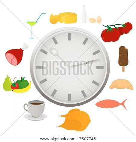Abstrakti yksityiskohtaiset kello, jossa ruoka ja keittiötarvikkeet