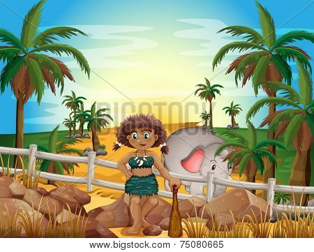 illustration of a caveman and an elephant