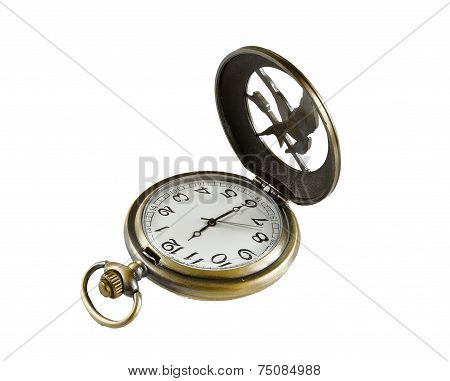 Pocket Watch With An Open Cover On A White Background.