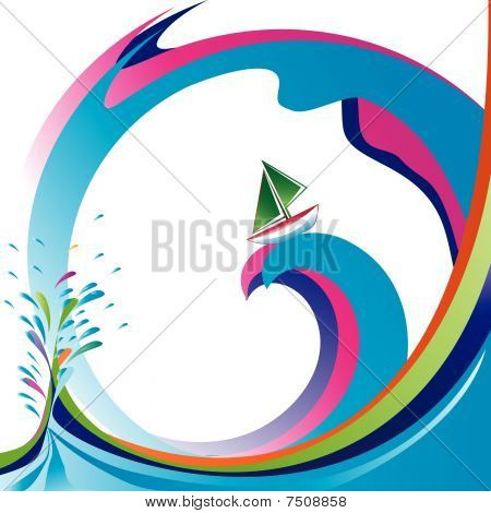 Little boat on big rainbow wave