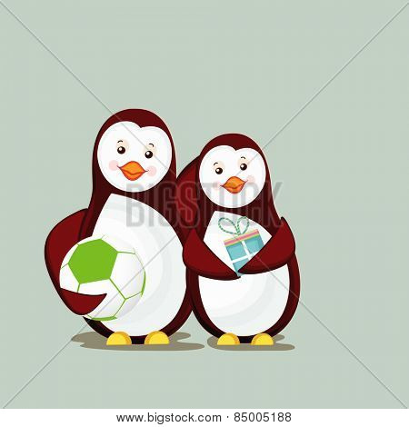 Cute couple of penguins holding ball and gift box.