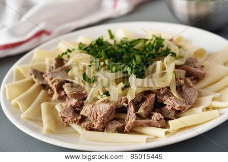 Traditional dish of Turkic people in Central Asia Beshbarmak