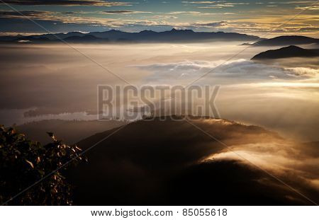 Amazing sunrise seen from Adam's Peak - sacred buddhist place. Sri Lanka