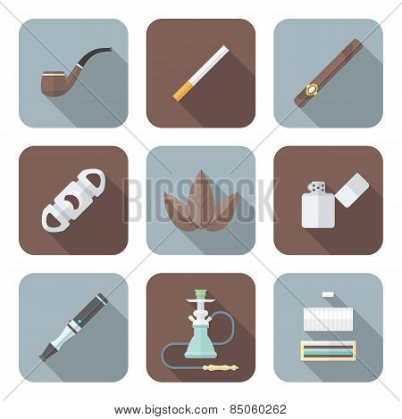 Colored Flat Style Various Tobacco Goods Tools Icons Set