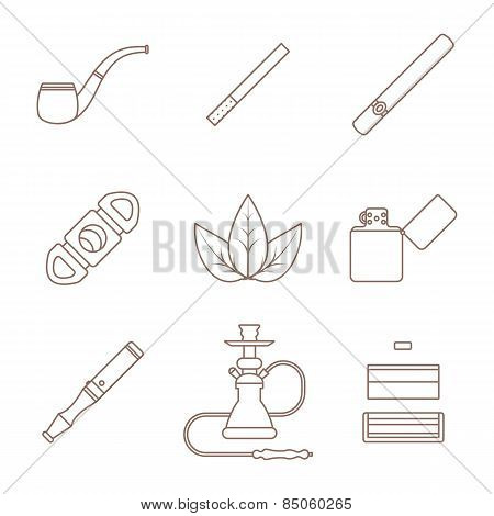 Dark Outline Various Tobacco Goods Tools Icons Set