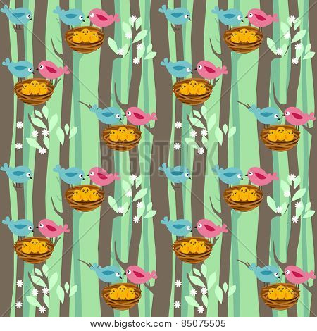 Seamless pattern with spring trees and birds with babies