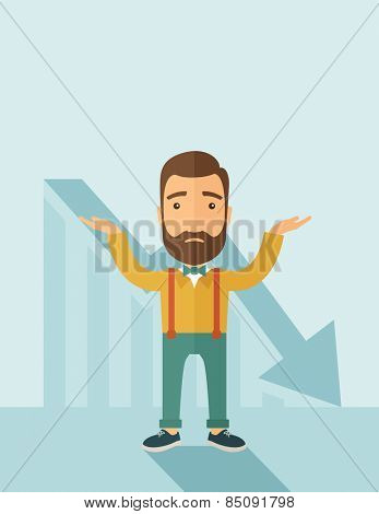The man with a beard with falling down chart is confused. Bankruptcy concept. Vector flat design illustration. Vertical layout with a text space in a top.
