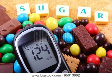Glucometer, Sweets And Cane Brown Sugar With Word Sugar, Unhealthy Food