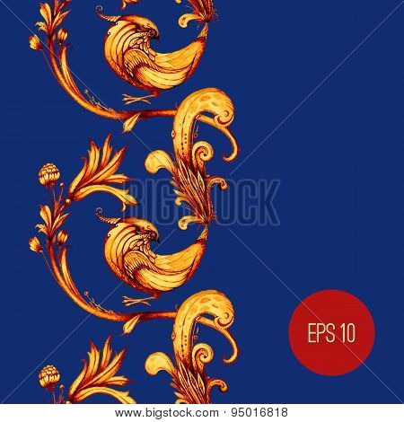 Birds and flowers abstract vector seamless pattern design. Blue
