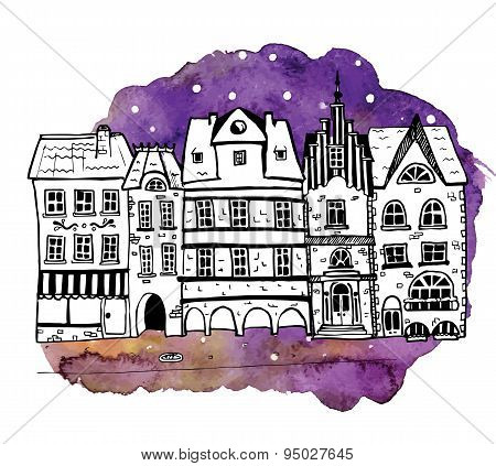 Sketch of an old european buildings with watercolor violet background.