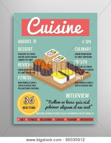 Magazine cover template. Food blogging layer, culinary cuisine vector illustration.