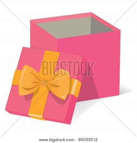 Beautiful open pink gift box with yellow decoration on a white background