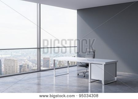 A Workplace In A Modern Corner Panoramic Office In New York, Manhattan. A Concept Of Financial Consu
