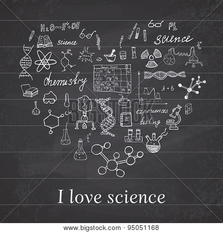 Chemistry And Sciense Elements Doodles Icons Set. Hand Drawn Sketch With Microscope, Formulas, Exper