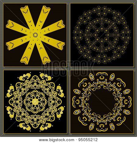 Set Of Four Abstract Art Indian Gold Round Scrolls Ornaments