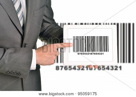 Businessman holding UPC code