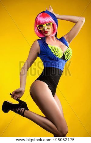 Funny Girl Posing In Pink Wig.