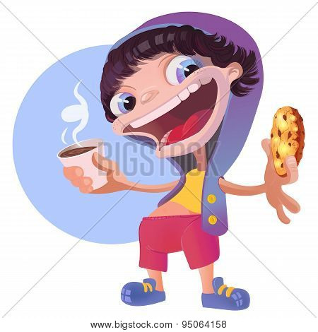 Cool Boy In A Hoodie With Coffee And Chocolate Cookie.