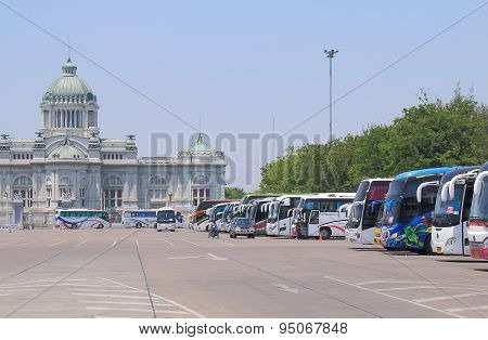 Tourist buses at Dusit Palace Bangkok Thailand