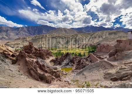 Ruins At Basgo Monastery With Stones , Rocks And A Pond, Top View, Leh, Ladakh, India