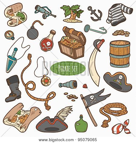 Vector set of pirate items, colorful cartoon collection
