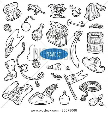Vector Set Of Pirate Items, Colorless Cartoon Collection