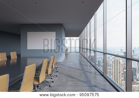 Panoramic Conference Room In Modern Office In New York City. Brown Chairs And A Black Table. 3D Rend