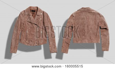 Soft camel suede leather jacket shot from the front and the back on white background