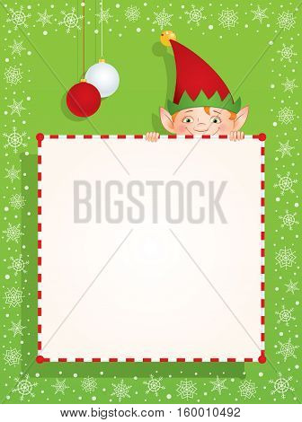 Vector cartoon illustration of a Christmas Elf hiding behind a blank banner. Place for text on a white background. Vertical format.