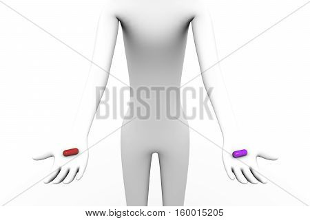 Man gives to do choice what take pill 3d illustration