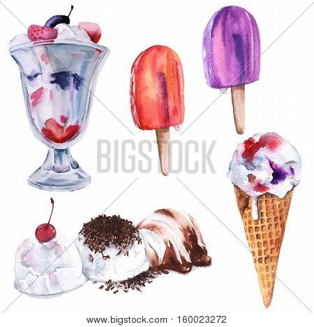 Set ice cream. three scoops of ice cream, ice cream cone, sorbet and ice cream in dessert bowl. isolated on a white background. watercolor illustration.