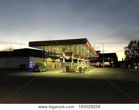 READING - DECEMBER 4: The floodlit forecourt of Shell Petrol Station on the A327 Arborfield Road on December 4, 2016 in Reading, UK.