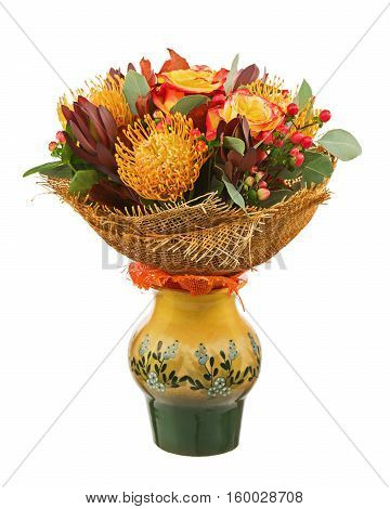 Bouquet from Roses and Arabian Star Flower in Vase Isolated on White Background. Closeup.