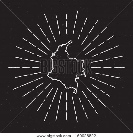 Colombia Vector Map Outline With Vintage Sunburst Border. Hand Drawn Map With Hipster Decoration Ele