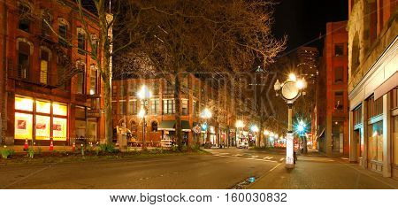 Pioneer Square In Seattle At Early Spring Night. Empty Street.