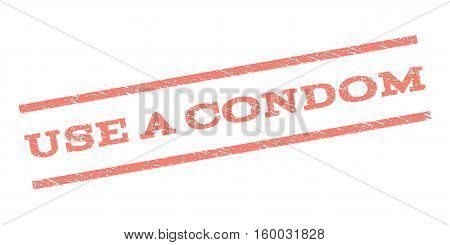 Use a Condom watermark stamp. Text tag between parallel lines with grunge design style. Rubber seal stamp with dust texture. Vector salmon color ink imprint on a white background.
