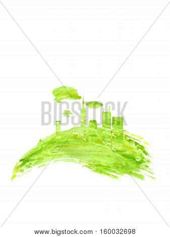 Silhouette of a city, factories, land, lawn, drawn by hand with watercolors splash and drops.. The concept of ecology, eco-Friendly. Think green concept. Suitable for natural cosmetics, eco products, labels, advertising.