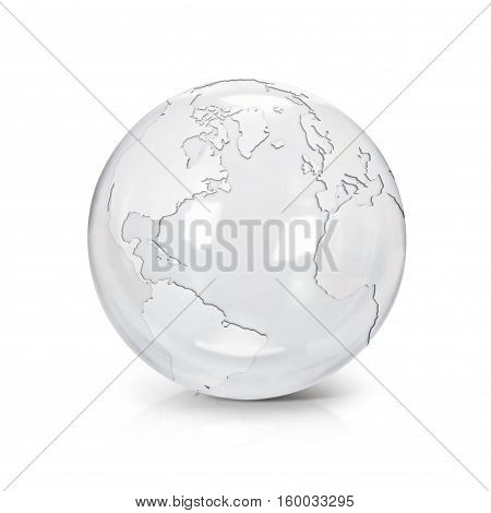 Clear glass globe 3D illustration North and South America map on white background