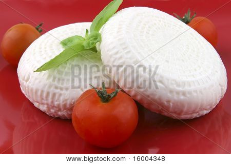 Feta und Gemüse auf rote Schale ware