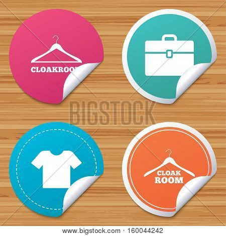 Round stickers or website banners. Cloakroom icons. Hanger wardrobe signs. T-shirt clothes and baggage symbols. Circle badges with bended corner. Vector