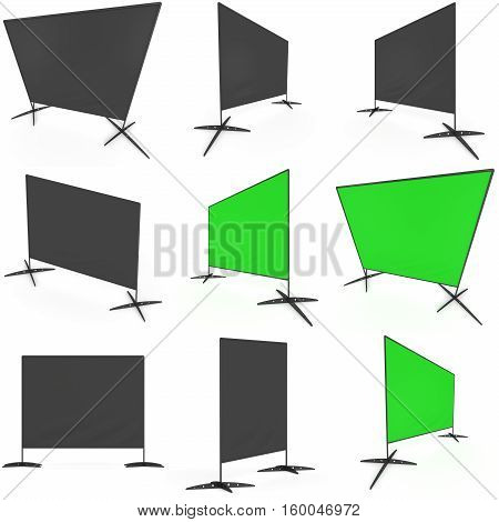 Billet press wall with black screen chroma key banner set. Mobile trade show booth white and blank. 3d render isolated on white background. High Resolution Template for your design.