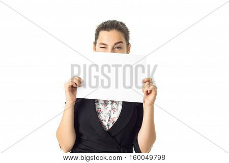charming business woman in uniform with white placard in hands isolated on white background