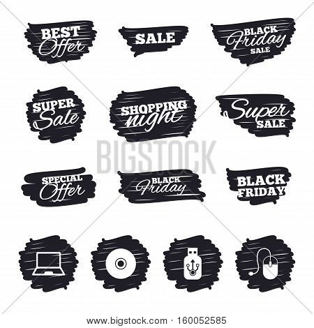 Ink brush sale stripes and banners. Notebook pc and Usb flash drive stick icons. Computer mouse and CD or DVD sign symbols. Black friday. Ink stroke. Vector
