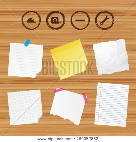 Business paper banners with notes. Construction helmet and wrench key tool icons. Ruler and tape measure roulette sign symbols. Sticky colorful tape. Vector