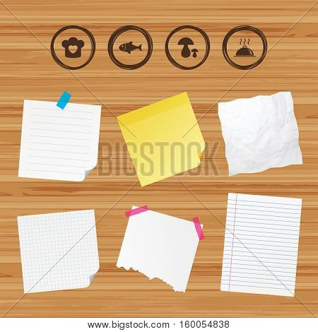 Business paper banners with notes. Chief hat with heart and cooking pan icons. Fish and boletus mushrooms signs. Hot food platter serving symbol. Sticky colorful tape. Vector