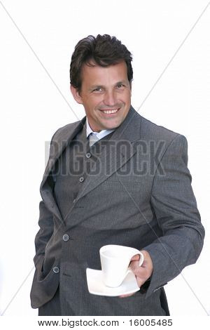 homme d'affaires inviter à café au fond blanc