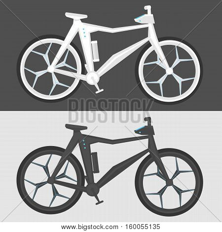 Futuristic bicycle in two colors, light and dark bicycle on isolated gray and white background. Concept design of electric bicycle.