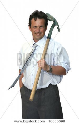 homme de bureau avec coup de pioche sur fond blanc