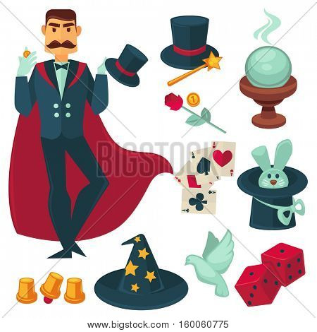 Magician holding golden coin. Vector Illustration. Illusionist magic show collection design elements.